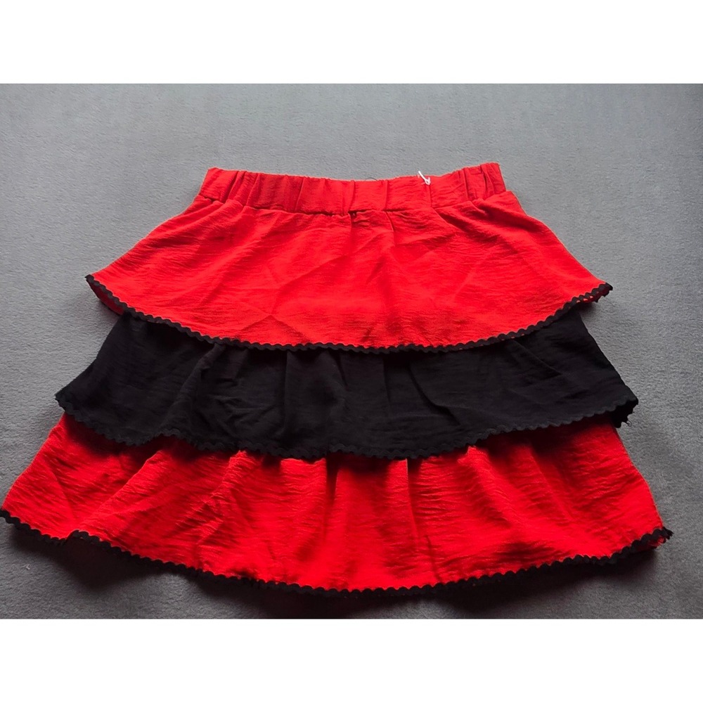Timing Womens Red Black Tiered Mini Skirt Scallop Trim Elastic Waist MEDIUM NWT - Picture 3 of 6